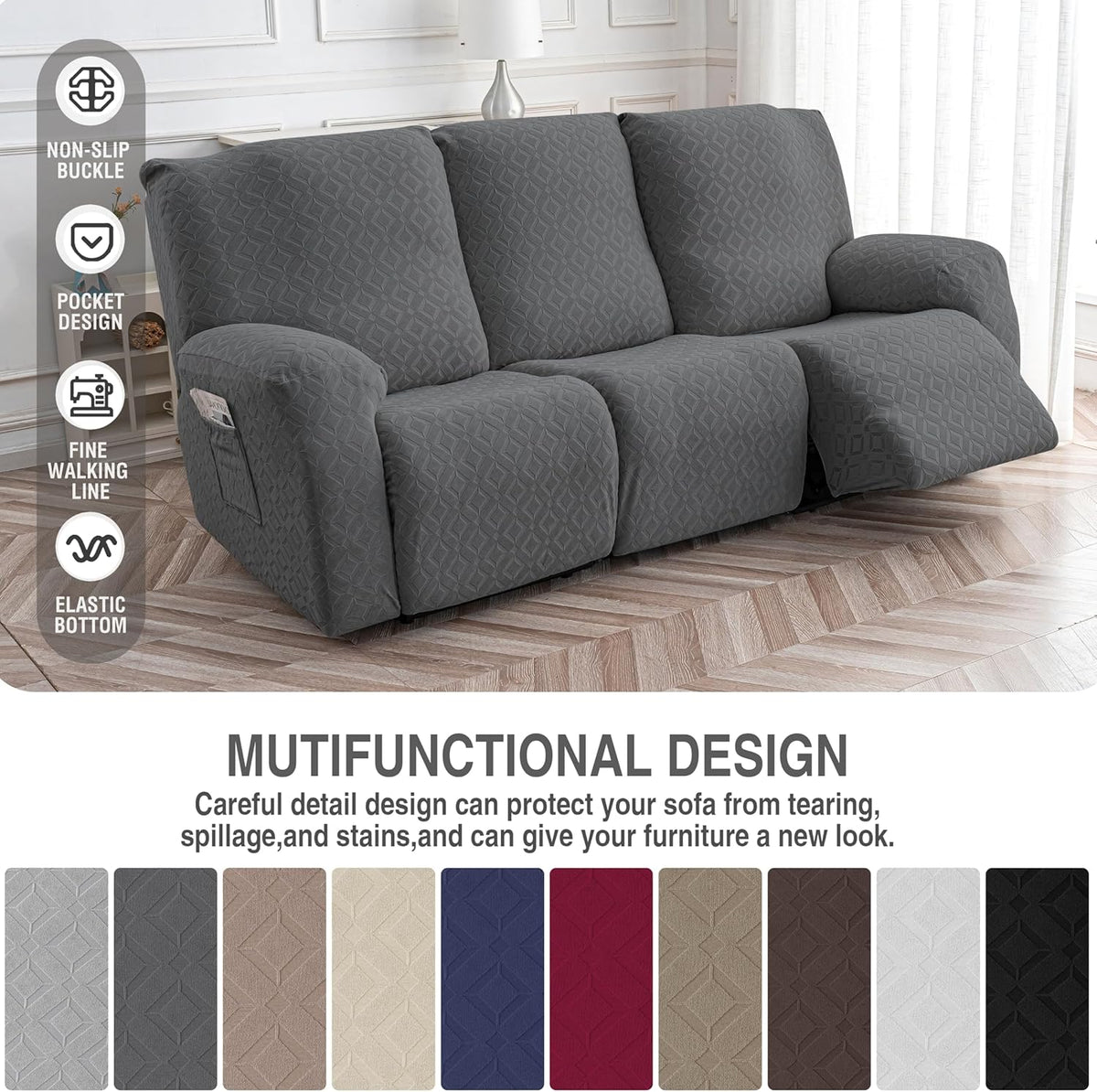 Gennia Waterproof Recliner Sofa Cover,3 Seat Couch Cover,Dark Gray