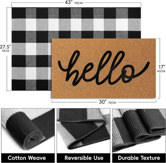 2 Pcs Welcome Door Mat Set, Layered Hello Coir Doormat with Black and White Buffalo Plaid Mat, Front Door Mats with Non-Slip TPR Backing, Farmhouse Modern Door Decor for Porch, Entryway, Patio