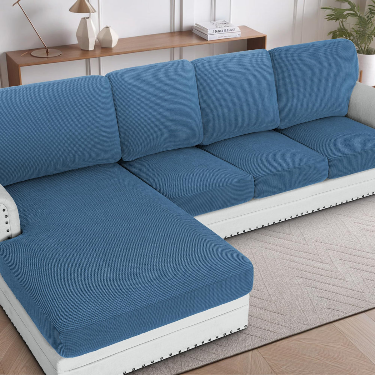 H.VERSAILTEX Sectional Couch Covers 8 Pieces Stretch Sofa Covers for Sectional Sofa Set Separate L Shaped Couch Cover for Both Left/Right Couch (Seat and Back: 1 Chaise + 3 Sofa, Ivory)