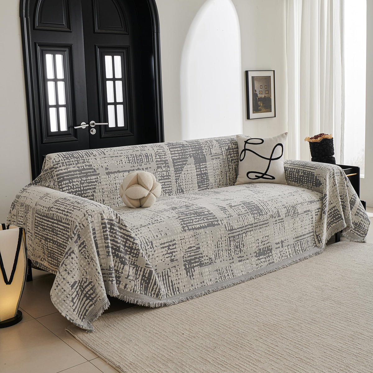 MYSKY HOME Boho Couch Cover Beige Sofa Covers with White Tassel Farmhouse Sofa Slipcover Simple Couch Protector for Dogs Chenille Sectional Couch Covers L Shaped Couch Cushion Covers, 91"x 134"