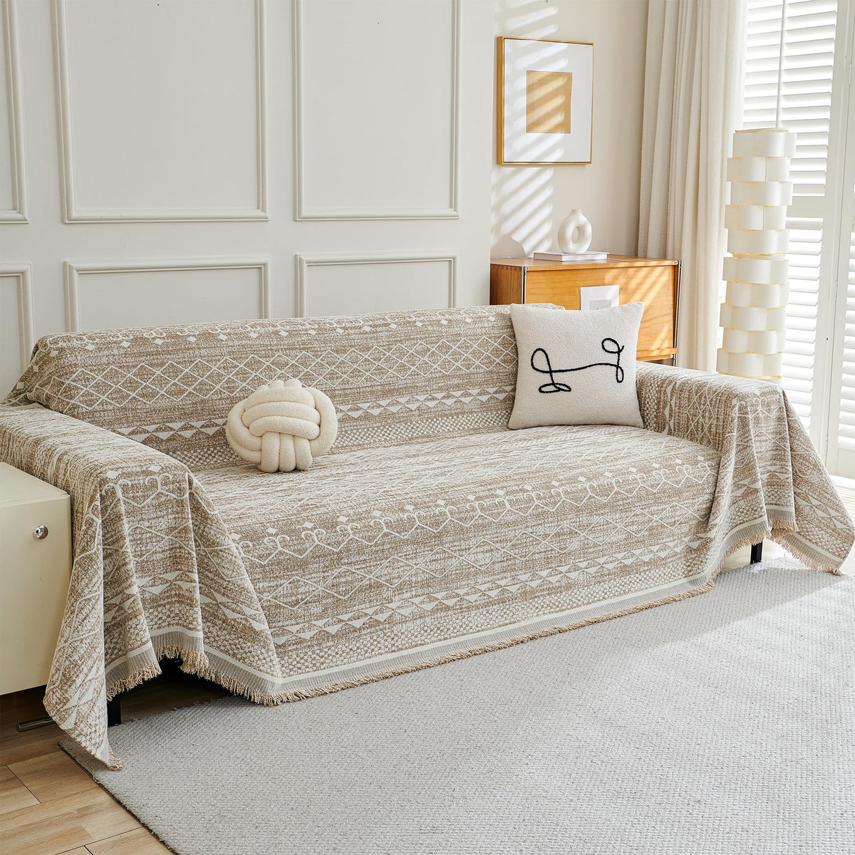 MEETSKY Couch Cover Sofa Covers Couch Covers for 3 Cushion Couch Sofa Pet Friendly, L Shaped Sectional Sofa Covers Washable Simply Put Sofa Throw Cover for Dogs, 91" x 134", Beige