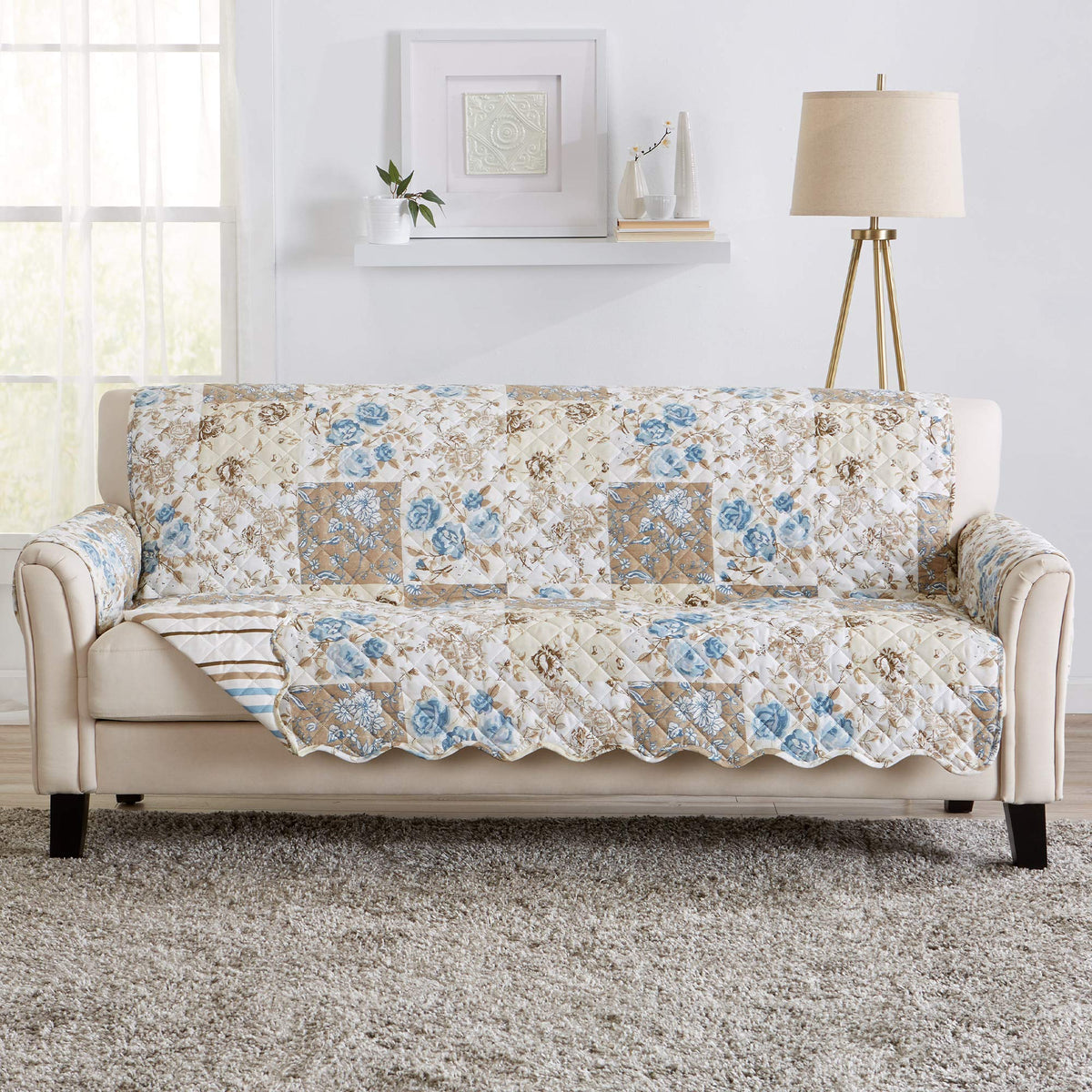 Great Bay Home Reversible Patchwork Sofa Cover - Washable Slipcover Furniture Protector with Elastic Straps - Perfect for Kids & Pets - Box-Stitched Detail (Taupe)