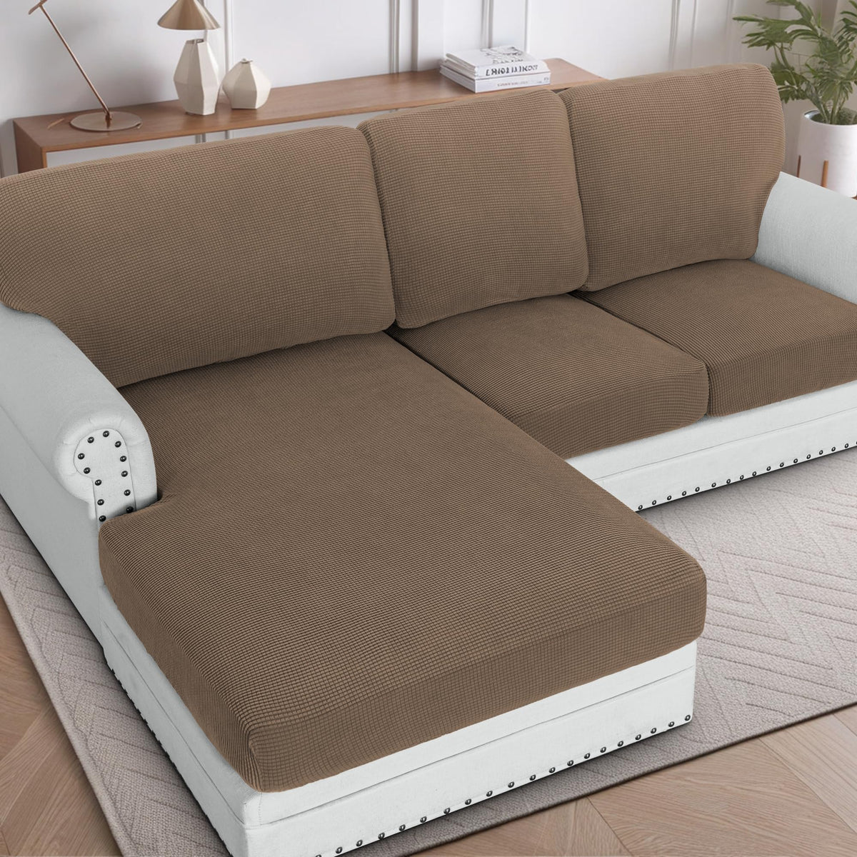 H.VERSAILTEX Sectional Couch Covers 8 Pieces Stretch Sofa Covers for Sectional Sofa Set Separate L Shaped Couch Cover for Both Left/Right Couch (Seat and Back: 1 Chaise + 3 Sofa, Ivory)