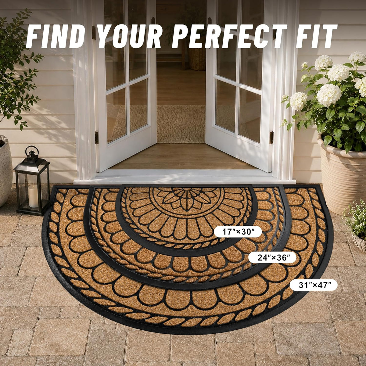 Mibao Front Door Mat Indoor Outdoor Entrance, Semicircular Entrance Mat, Half Round Waterproof Non-Slip Durable Rubber Door Mats, Low Profile Heavy Duty Doormat for Garage, Patio, 30" x 18", Yellow