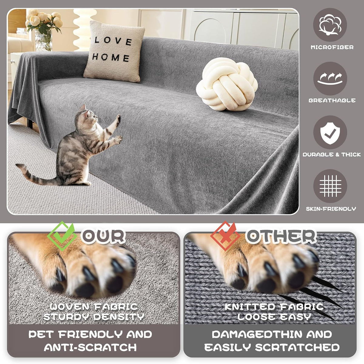 MYSKY HOME Couch Covers for Dogs, Non-Slip Sofa Slipcover, 91"x134", Grey