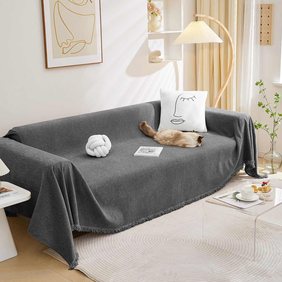 MEETSKY Couch Cover Sofa Covers Couch Covers for 3 Cushion Couch Sofa Pet Friendly, L Shaped Sectional Sofa Covers Washable Simply Put Sofa Throw Cover for Dogs, 91" x 134", Beige