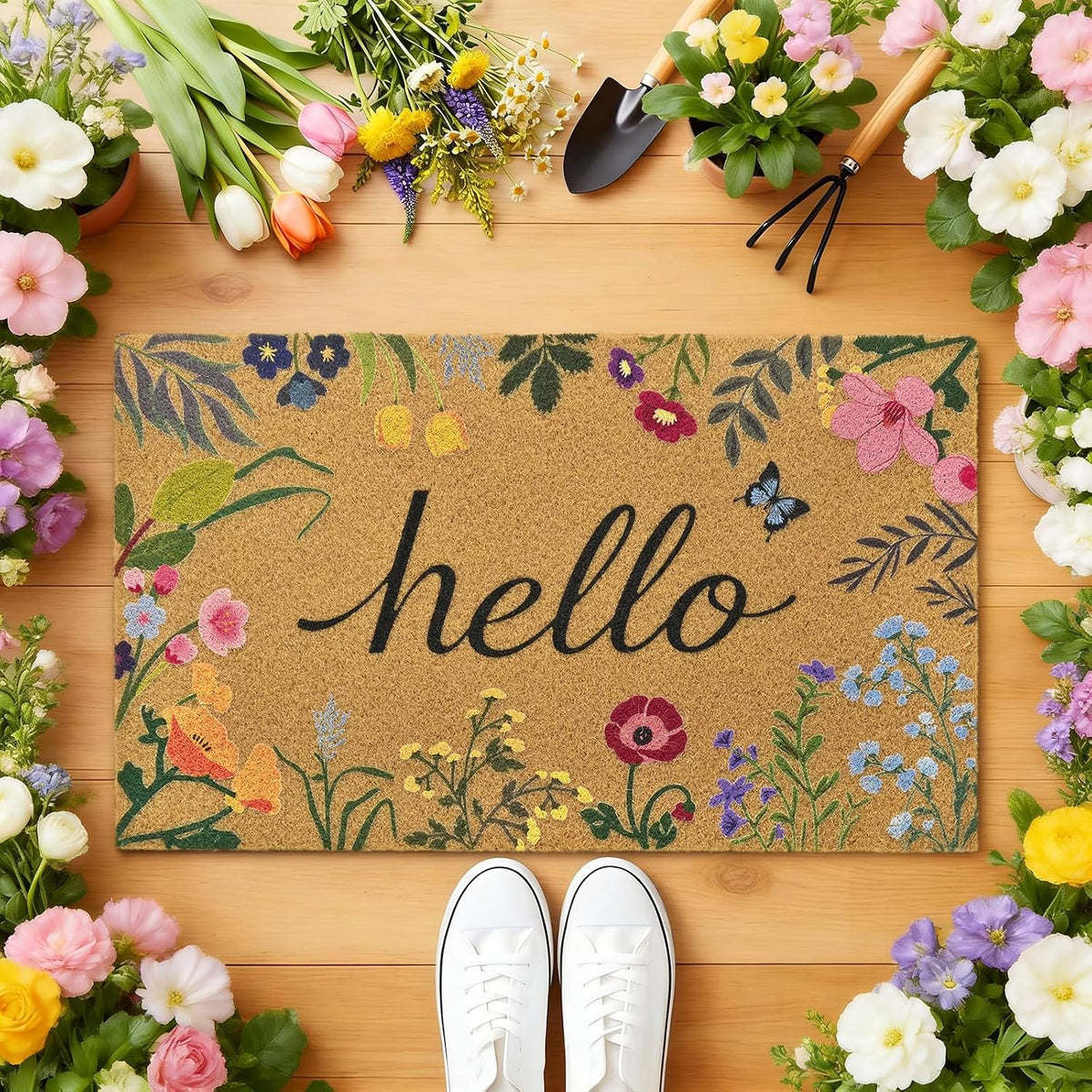 Floral Front Door Mat Outside Non-Slip Welcome Doormat, 17x29 in