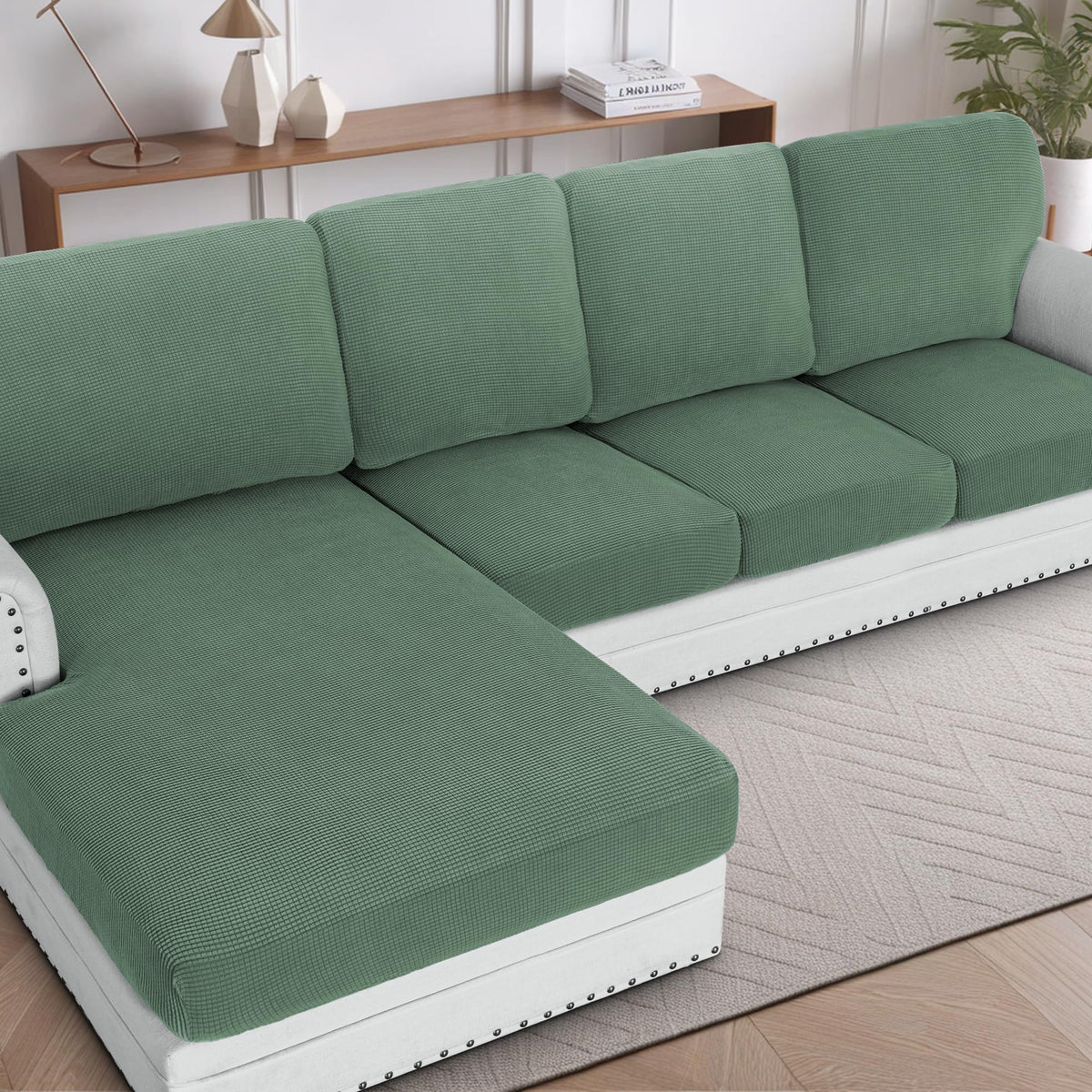 H.VERSAILTEX Sectional Couch Covers 8 Pieces Stretch Sofa Covers for Sectional Sofa Set Separate L Shaped Couch Cover for Both Left/Right Couch (Seat and Back: 1 Chaise + 3 Sofa, Ivory)