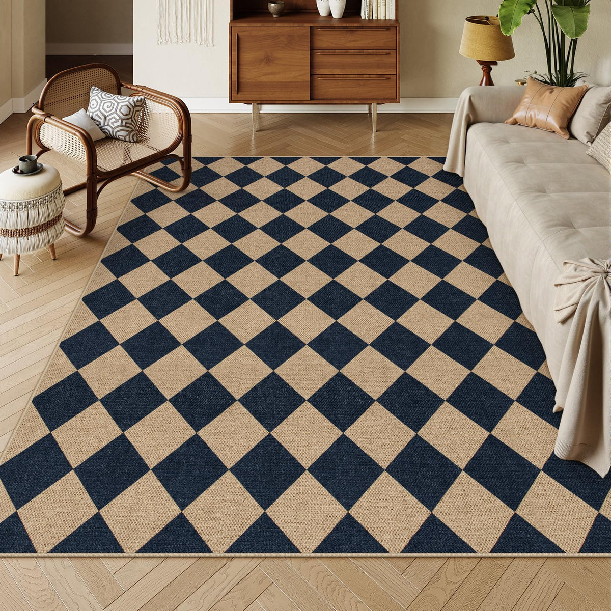 Lahome Checkered Easy Jute 3x5 Entryway Front Porch Rug, Black Diamond Indoor Outdoor Patio Layering Rug, Washable Farmhouse Neutral Non Slip Non Shedding Door Carpet for Backyard Blacony