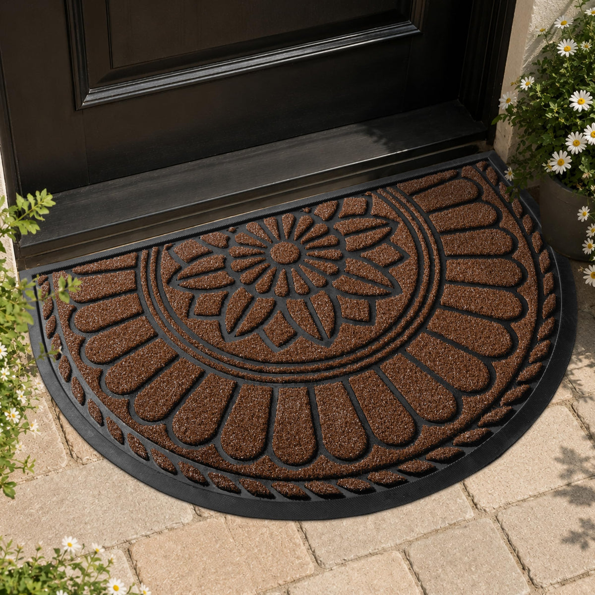 Mibao Front Door Mat Indoor Outdoor Entrance, Semicircular Entrance Mat, Half Round Waterproof Non-Slip Durable Rubber Door Mats, Low Profile Heavy Duty Doormat for Garage, Patio, 30" x 18", Yellow