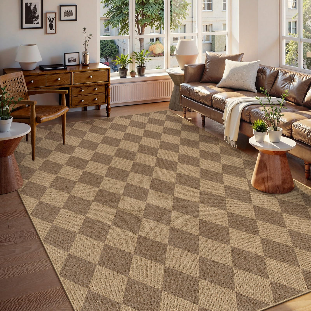 Lahome Checkered Easy Jute 3x5 Entryway Front Porch Rug, Black Diamond Indoor Outdoor Patio Layering Rug, Washable Farmhouse Neutral Non Slip Non Shedding Door Carpet for Backyard Blacony