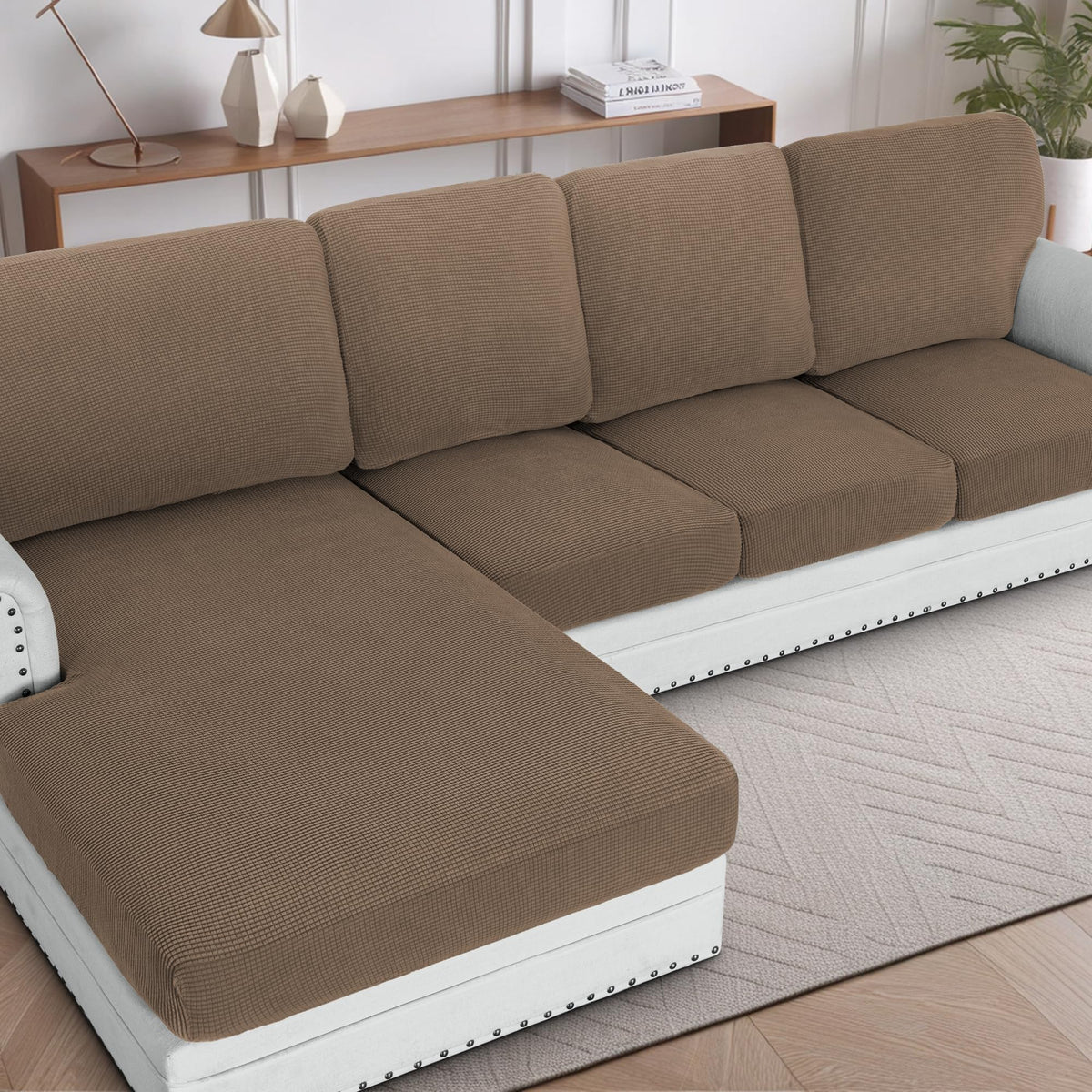 H.VERSAILTEX Sectional Couch Covers 8 Pieces Stretch Sofa Covers for Sectional Sofa Set Separate L Shaped Couch Cover for Both Left/Right Couch (Seat and Back: 1 Chaise + 3 Sofa, Ivory)