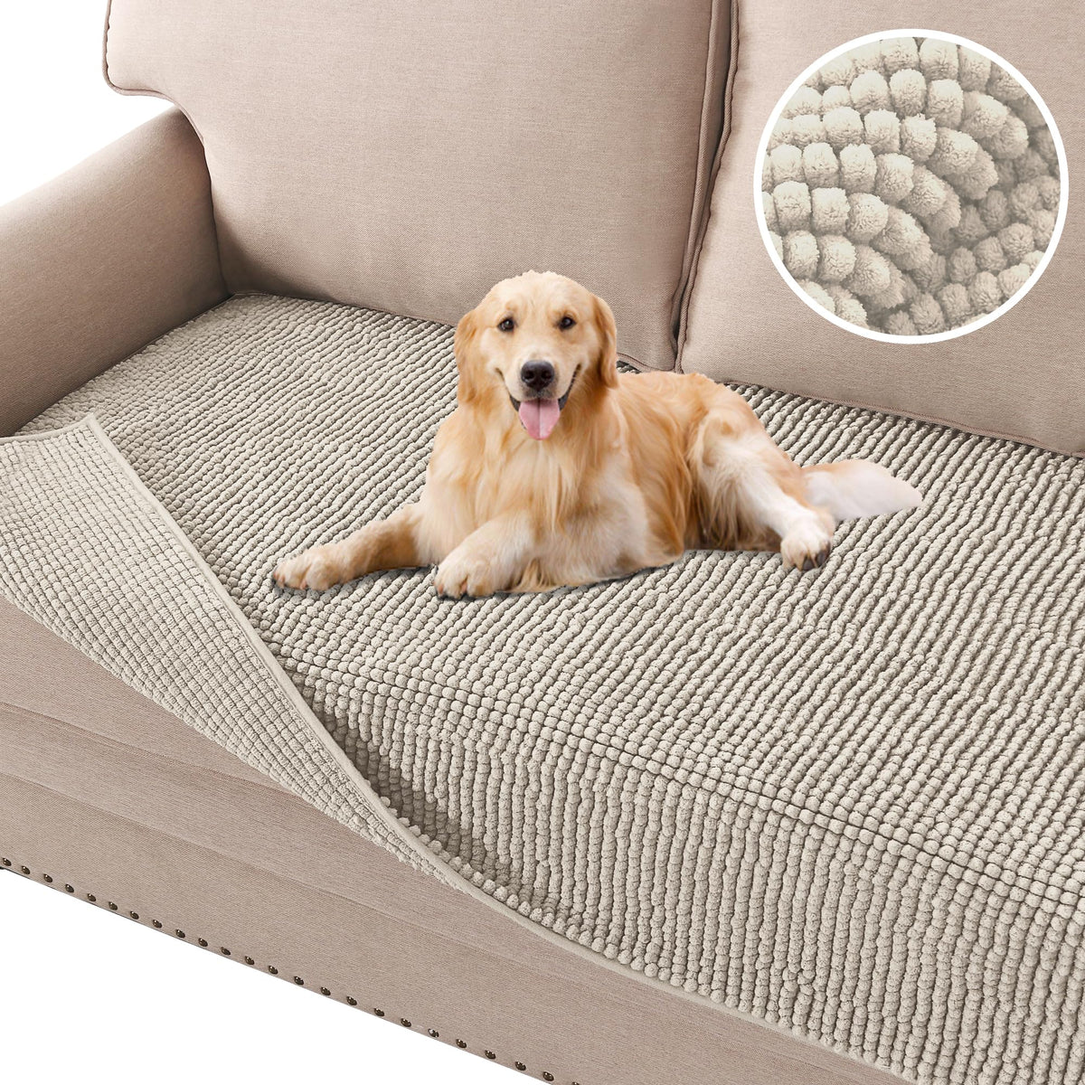 H.VERSAILTEX Plush Chenille Dog Bed Cover Thick Soft Sofa Cover for 3 Cushion Couch Anti Slip Couch Cover Furniture Protector for Dog, Pet, Cat (35" x 82", Ivory)
