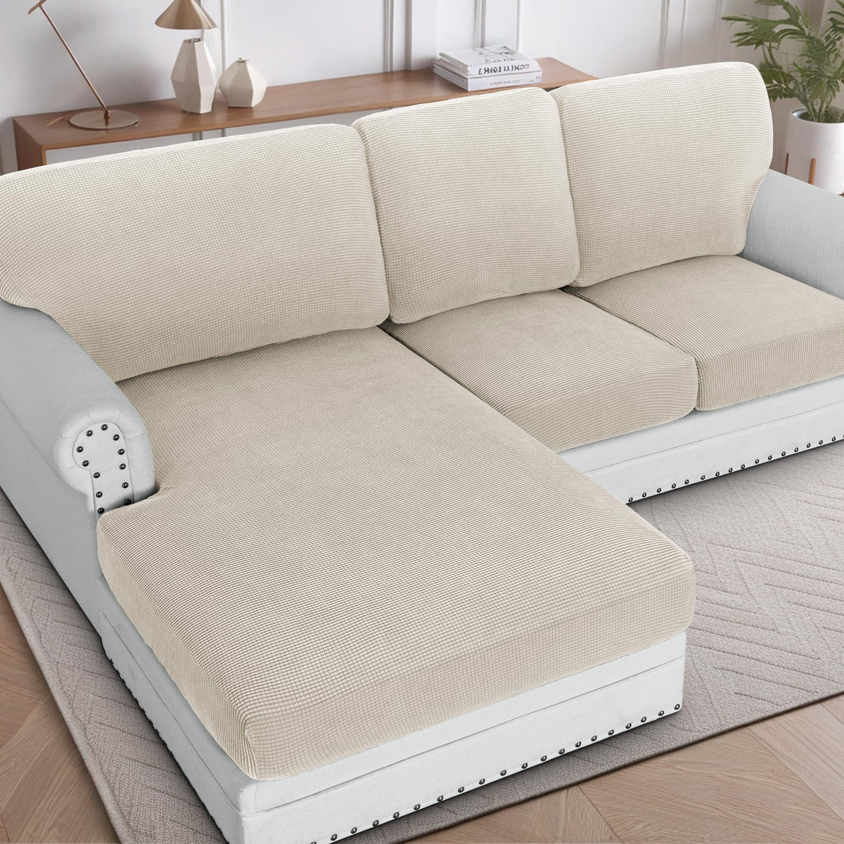 H.VERSAILTEX Sectional Couch Covers 8 Pieces Stretch Sofa Covers for Sectional Sofa Set Separate L Shaped Couch Cover for Both Left/Right Couch (Seat and Back: 1 Chaise + 3 Sofa, Ivory)