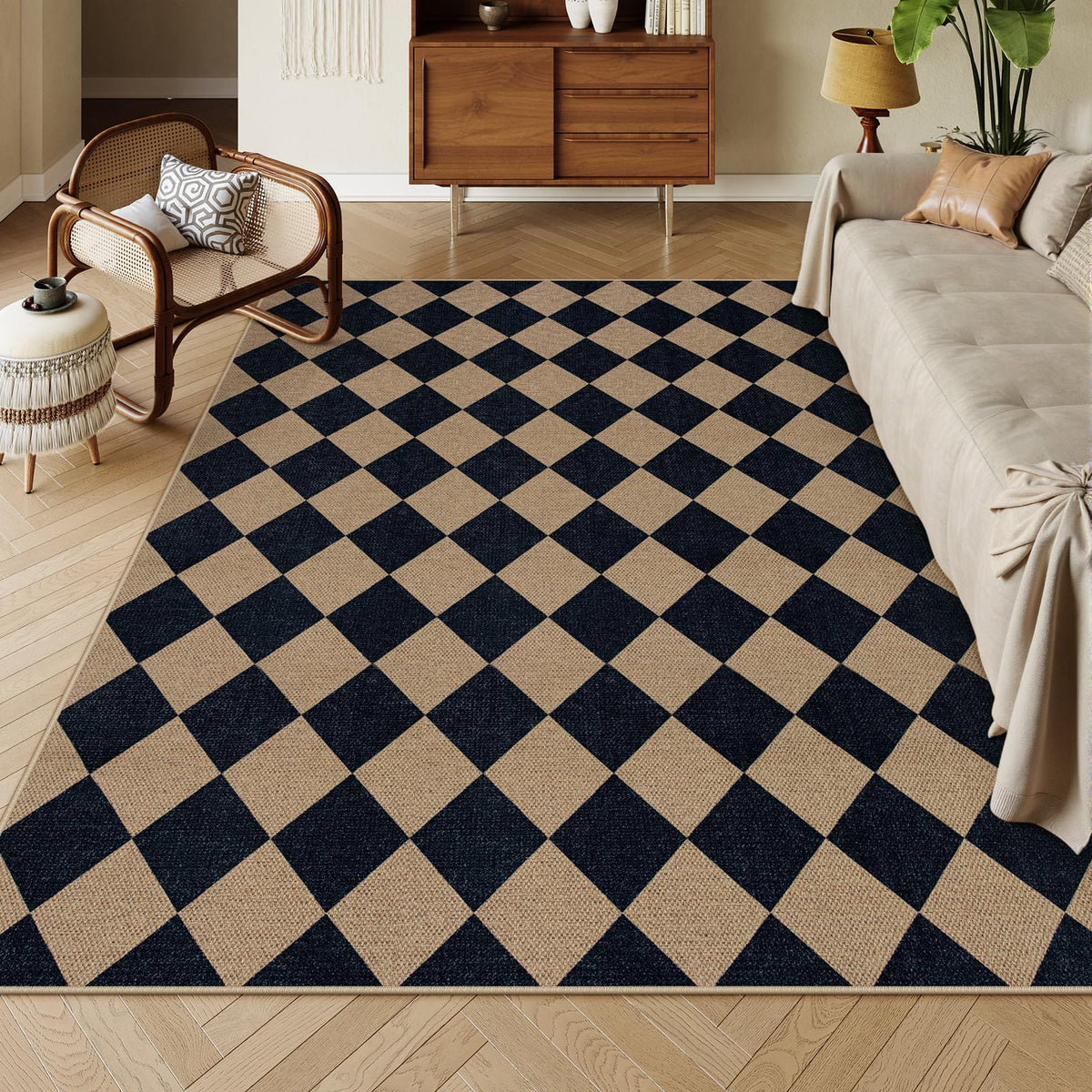 Lahome Checkered Easy Jute 3x5 Entryway Front Porch Rug, Black Diamond Indoor Outdoor Patio Layering Rug, Washable Farmhouse Neutral Non Slip Non Shedding Door Carpet for Backyard Blacony