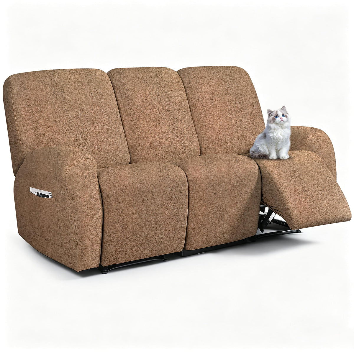ANARACHON Leather Look Recliner Couch Cover, 8-Pieces Stretch Recliner Sofa Covers, Soft Reclining Slipcover, Washable Furniture Protector for Pets (3 Seater, Brown)