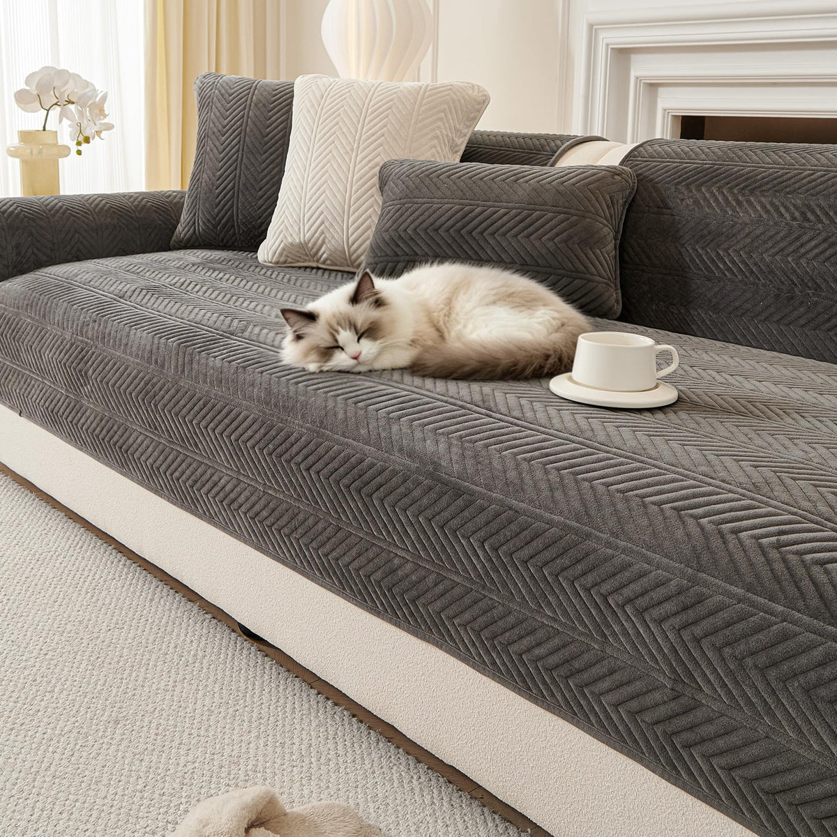 Couch Covers for Sofa, Funny Fuzzy Couch Cover for Dog, Sofa Covers for Pets Washable, Herringbone Sofa Slipcovers for Sectional, Non Slip Furniture Protector(1PC,Beige White,36"×71")