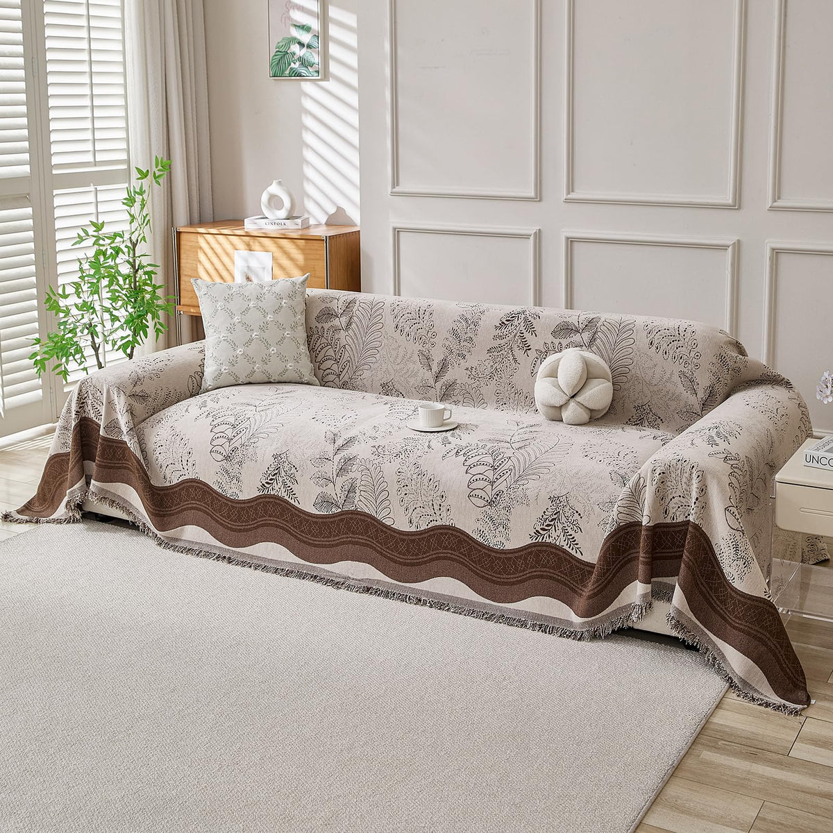 DREAMINGO Green Floral Couch Cover Farmhouse Botanical Jacquard Sofa Covers for 3 Cushion Couch Cozy Chenille Living Room Furniture Futon Sectional Sofa Slipcovers Washable, X-Large 71"x134"
