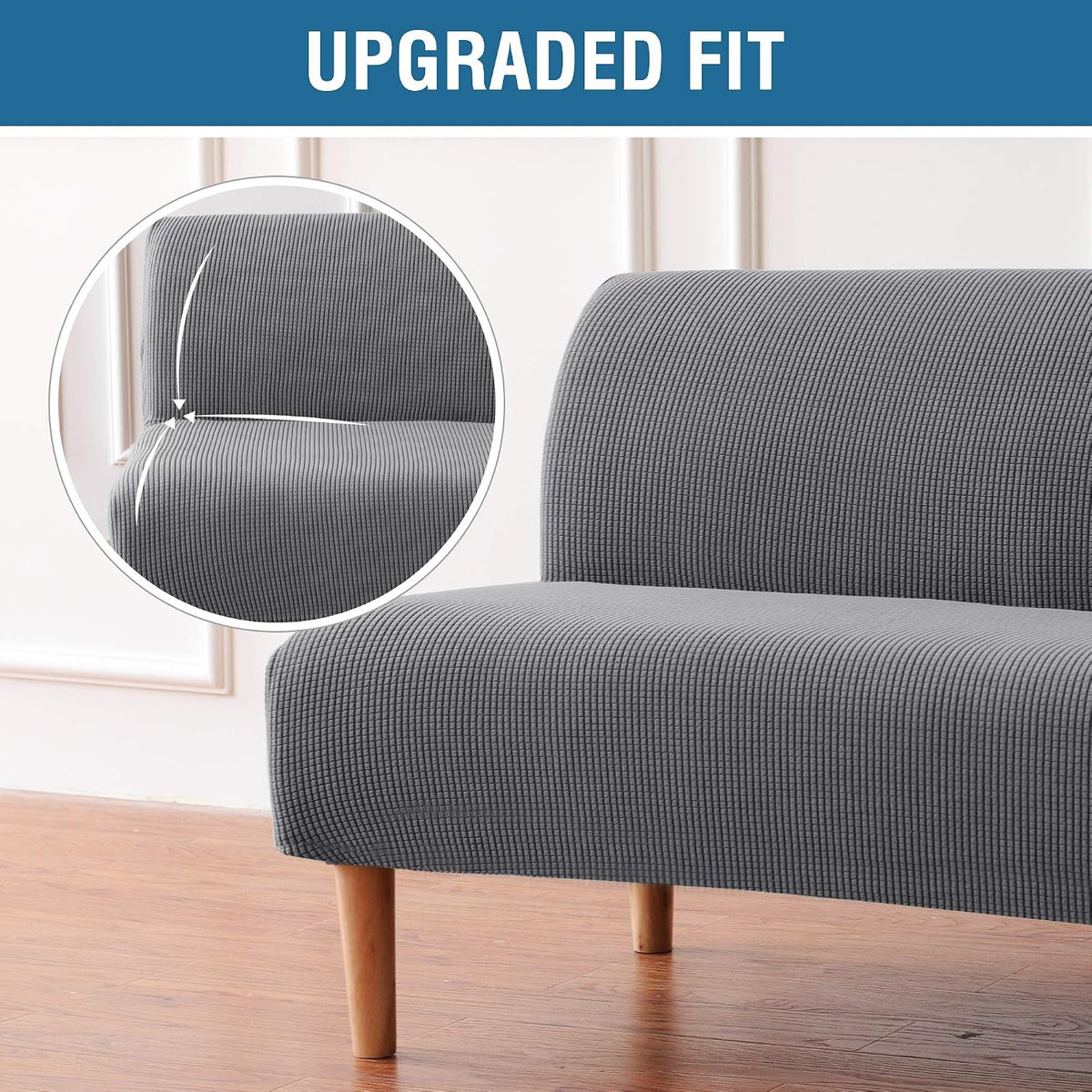 H.VERSAILTEX Armless Futon Cover Stretch Sofa Bed Slipcover Protector Elastic Feature Rich Textured High Spandex Small Checks Jacquard Fabric Futon Cover, Machine Washable, Gray