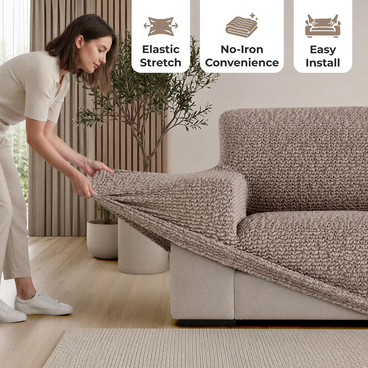 Premium Stretch Couch Covers for Sofa - Sofa Chair Cover Washable, Dogs & Pets Friendly - Elastic Polyester Loveseat Slipcovers - Non-Slip Love Seat Couch Covers - Soft Taupe (86"-120" Wide)