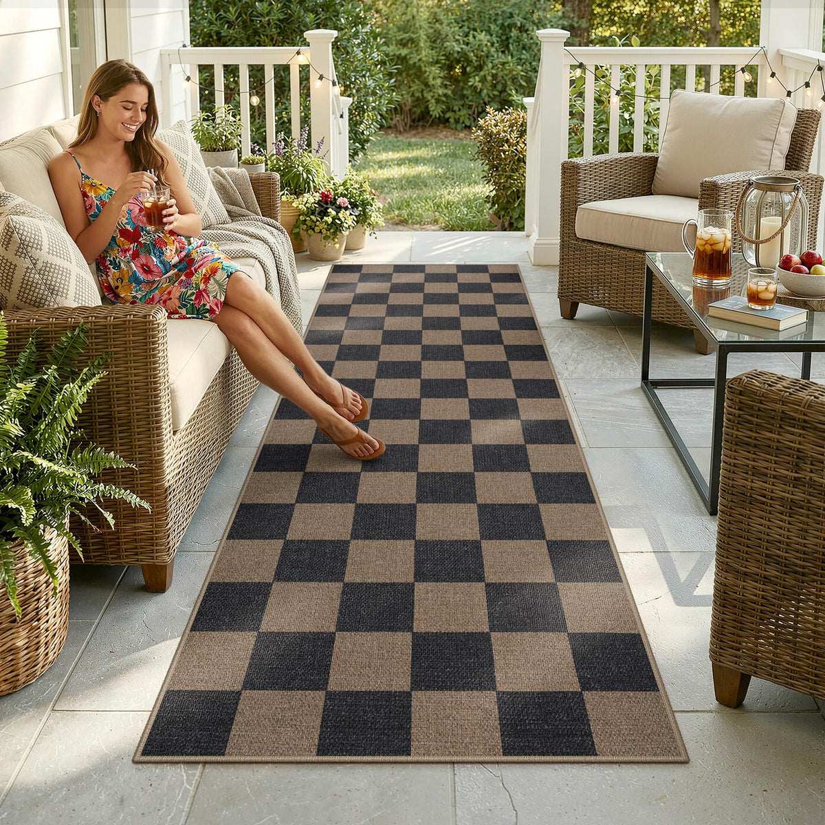 Lahome Checkered Easy Jute 3x5 Entryway Front Porch Rug, Black Diamond Indoor Outdoor Patio Layering Rug, Washable Farmhouse Neutral Non Slip Non Shedding Door Carpet for Backyard Blacony