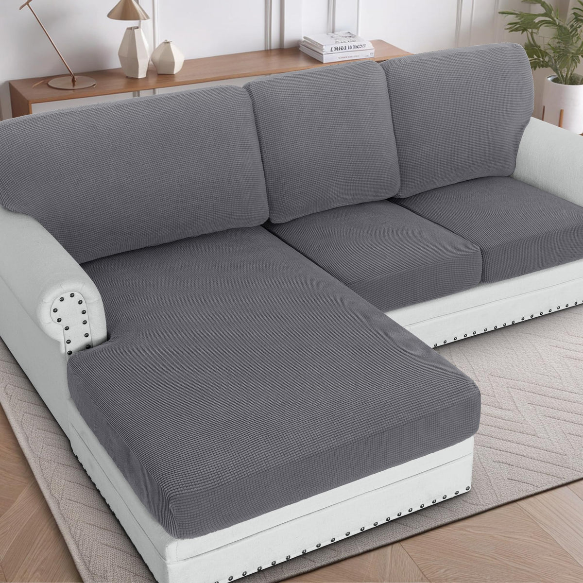 H.VERSAILTEX Sectional Couch Covers 8 Pieces Stretch Sofa Covers for Sectional Sofa Set Separate L Shaped Couch Cover for Both Left/Right Couch (Seat and Back: 1 Chaise + 3 Sofa, Ivory)