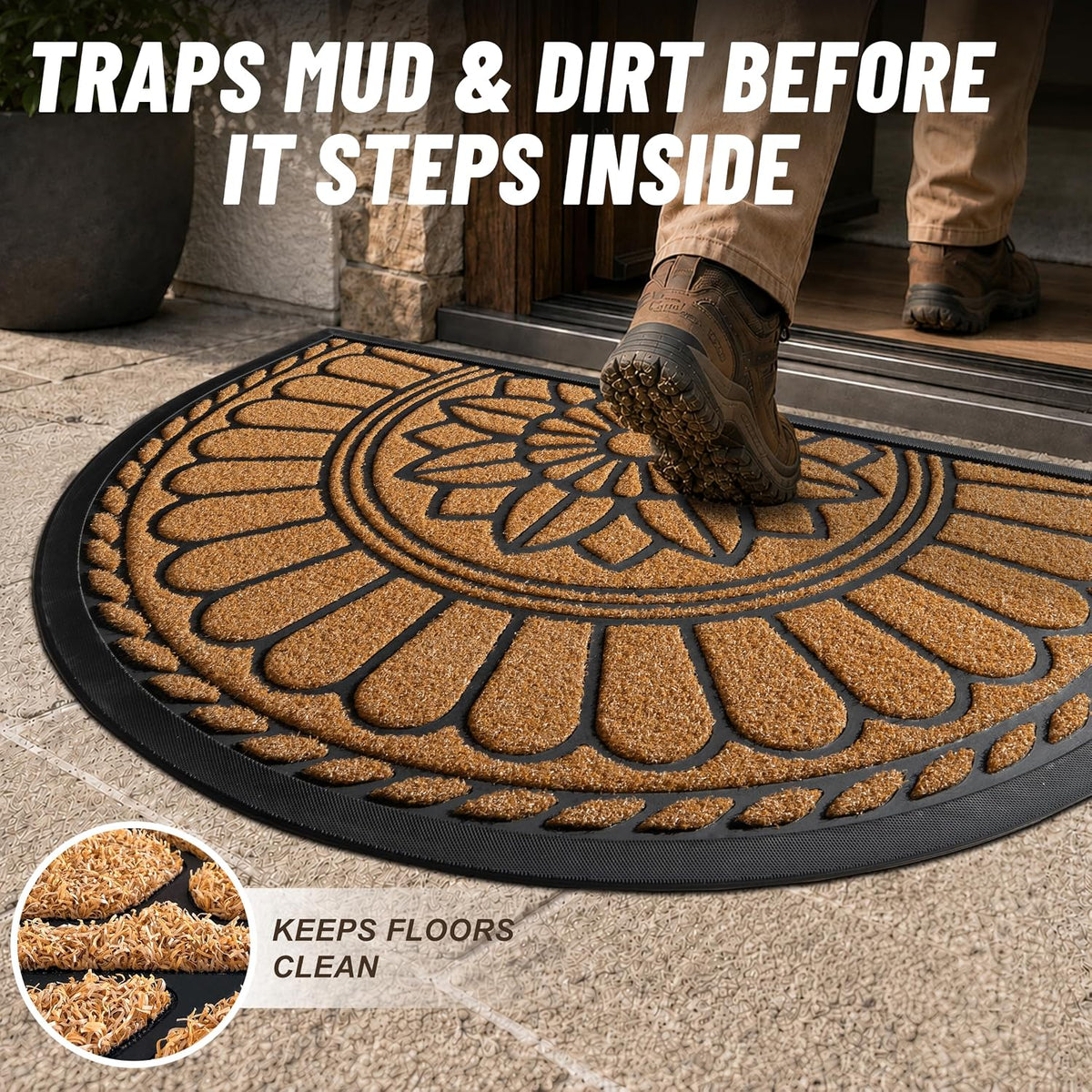 Mibao Front Door Mat Indoor Outdoor Entrance, Semicircular Entrance Mat, Half Round Waterproof Non-Slip Durable Rubber Door Mats, Low Profile Heavy Duty Doormat for Garage, Patio, 30" x 18", Yellow