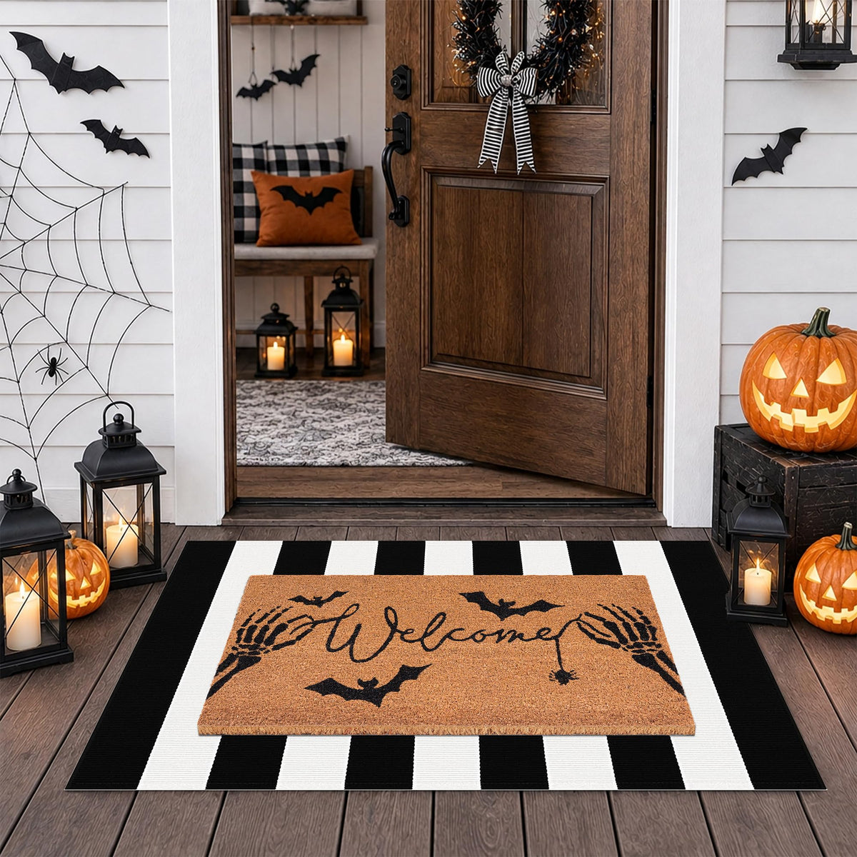 Halloween Door Mat Combo Set, Welcome Ghost Coco Coir Welcome Doormat + 28" x 43" Black and White Plaid Rug, Autumn Halloween Front Porch Entryway Decor Floor Mat