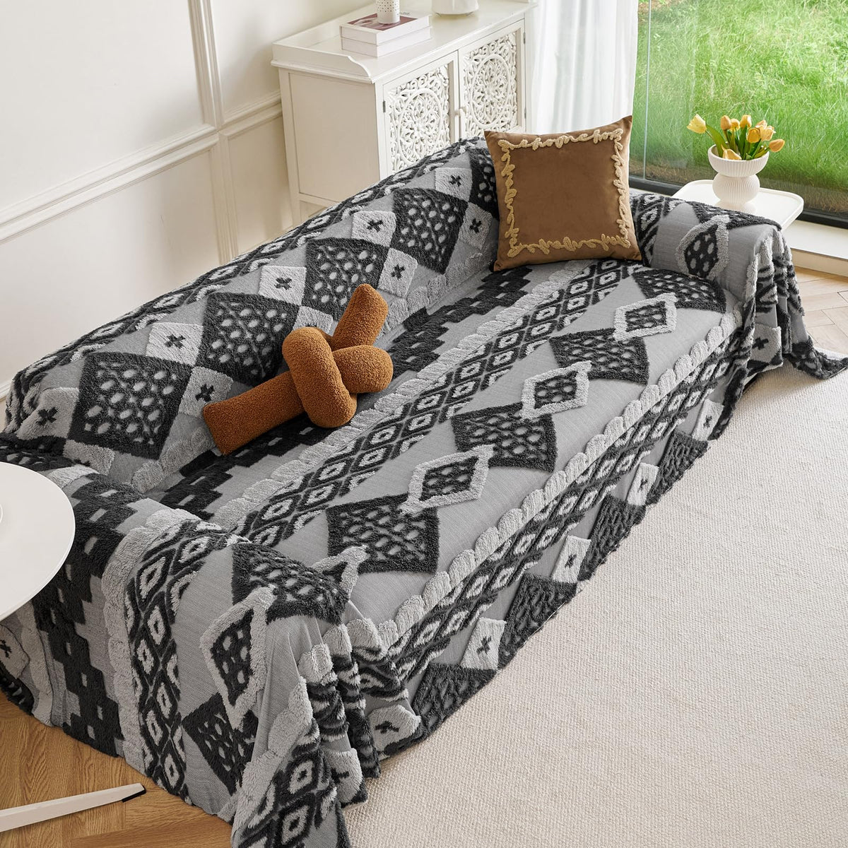 HANDONTIME Green Sofa Cover Vintage Couch Cover for Dogs 71" X118" Couch Cushion Covers with Tassel Herringbone Sofa Cover Boho Sofa Covers for 3 Cushion Couch Chenille Soft Loveseat Sofa Covers
