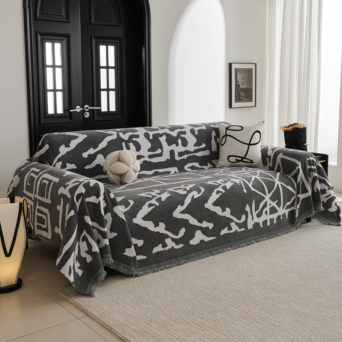 MYSKY HOME Boho Couch Cover Beige Sofa Covers with White Tassel Farmhouse Sofa Slipcover Simple Couch Protector for Dogs Chenille Sectional Couch Covers L Shaped Couch Cushion Covers, 91"x 134"