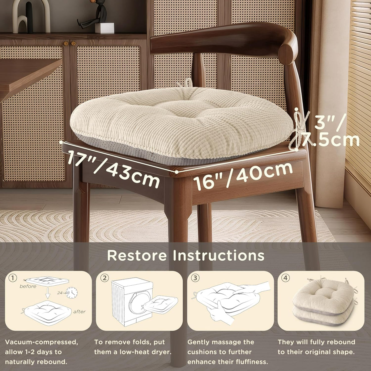 Indoor Dining Chair Cushions Set of 2, 17"X16"X3", Cream