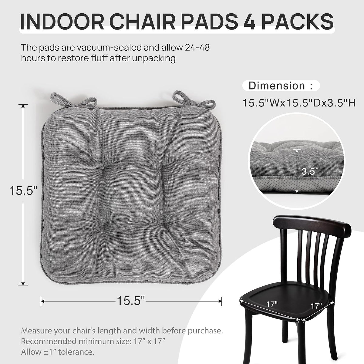 Love's cabin Memory Foam Chair Cushions Set of 4, 15.5 Inch, Grey