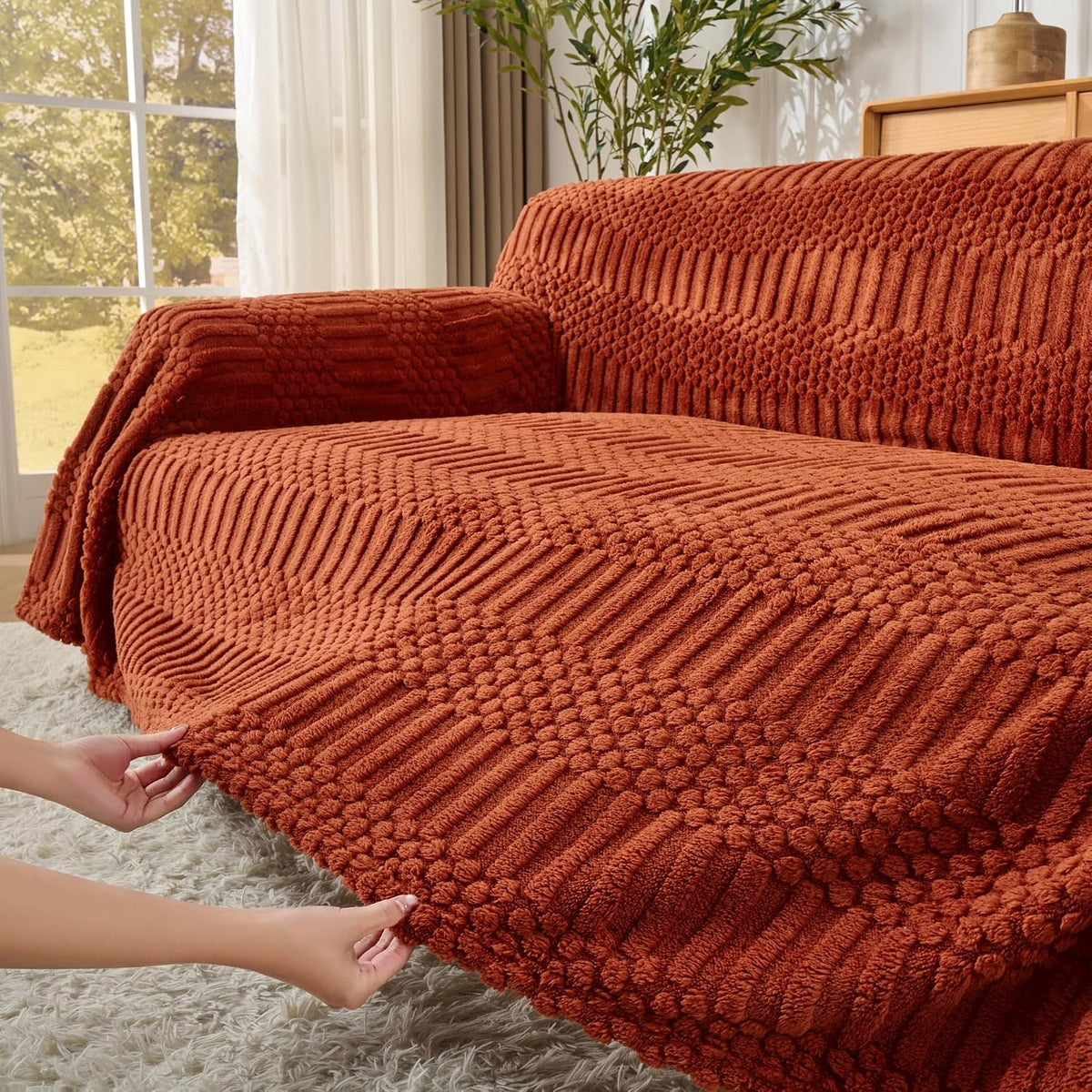 Fuzzy Hobo Couch Cover for Sectional Sofa, Sofa Slipcover for 2 Cushion Couch, 71"x118" Caramel Non-Slip Washable Loveseat Cover, Sofa Protector for Dogs