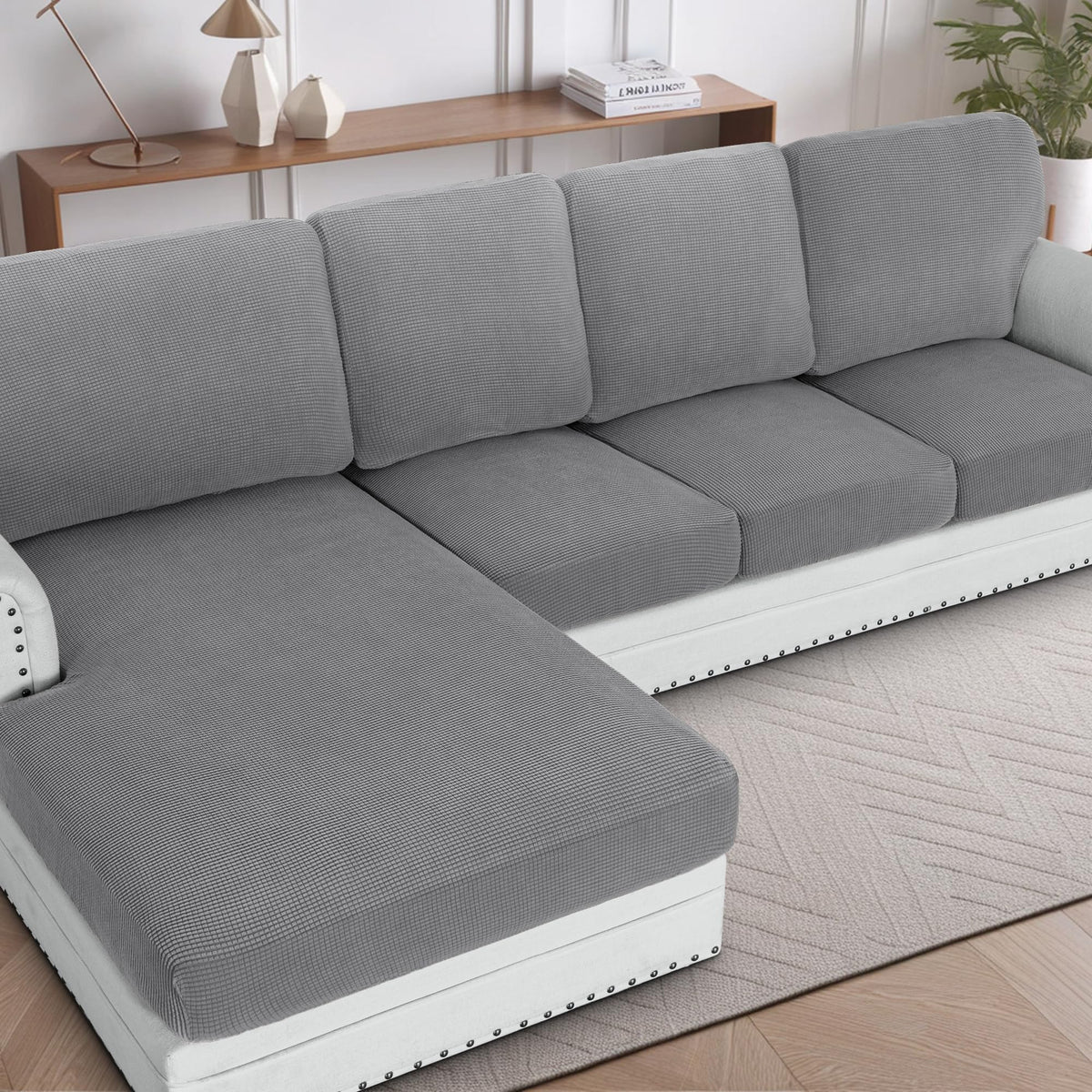 H.VERSAILTEX Sectional Couch Covers 8 Pieces Stretch Sofa Covers for Sectional Sofa Set Separate L Shaped Couch Cover for Both Left/Right Couch (Seat and Back: 1 Chaise + 3 Sofa, Ivory)