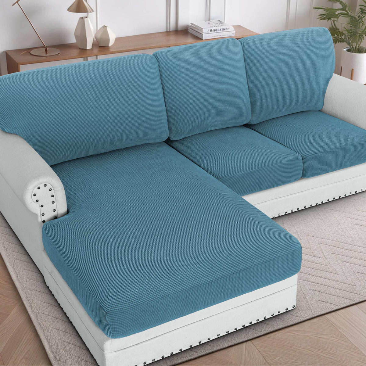 H.VERSAILTEX Sectional Couch Covers 8 Pieces Stretch Sofa Covers for Sectional Sofa Set Separate L Shaped Couch Cover for Both Left/Right Couch (Seat and Back: 1 Chaise + 3 Sofa, Ivory)