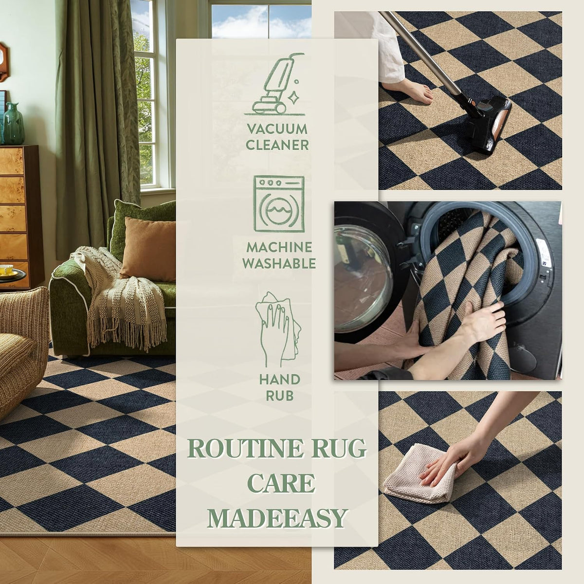 Lahome Checkered Easy Jute 3x5 Entryway Front Porch Rug, Black Diamond Indoor Outdoor Patio Layering Rug, Washable Farmhouse Neutral Non Slip Non Shedding Door Carpet for Backyard Blacony