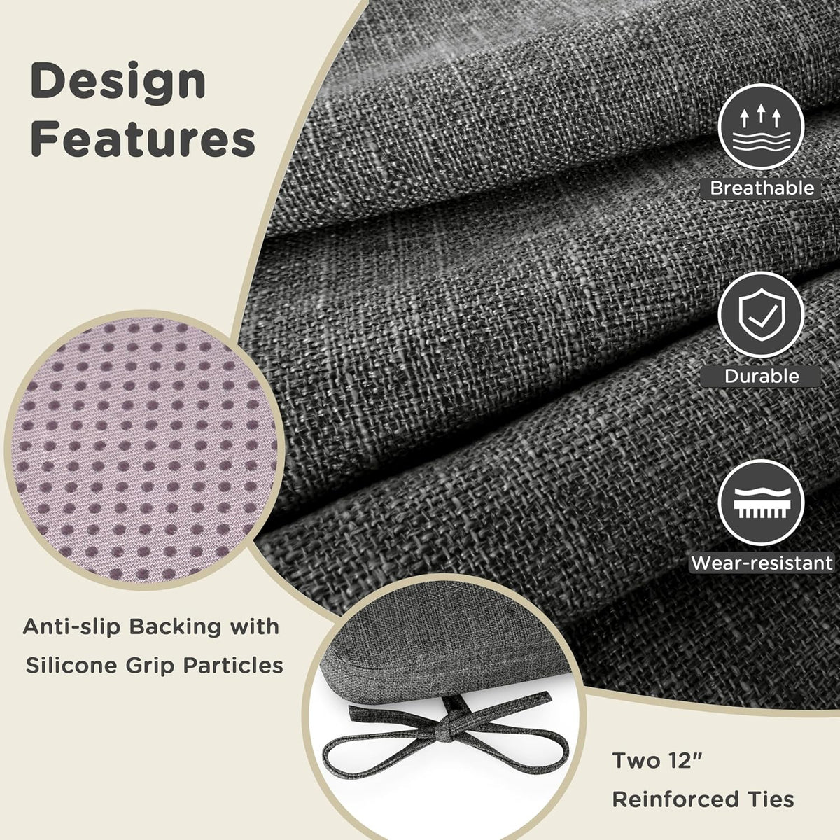 AddGrace Square Chair Cushions for Dining Chairs 16x16x2inch (4, Dark Grey)