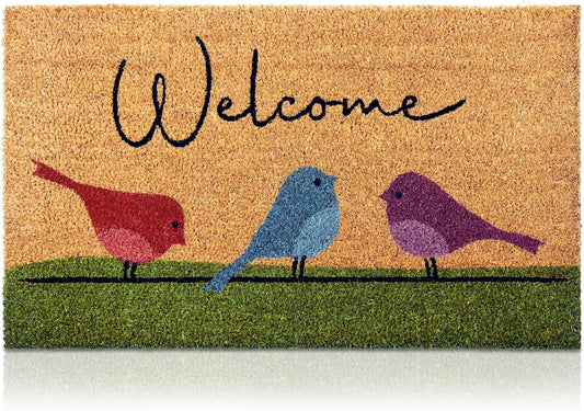 Coir Welcome Mat, Non-Slip, Colorful Birds, 17 x 29 in