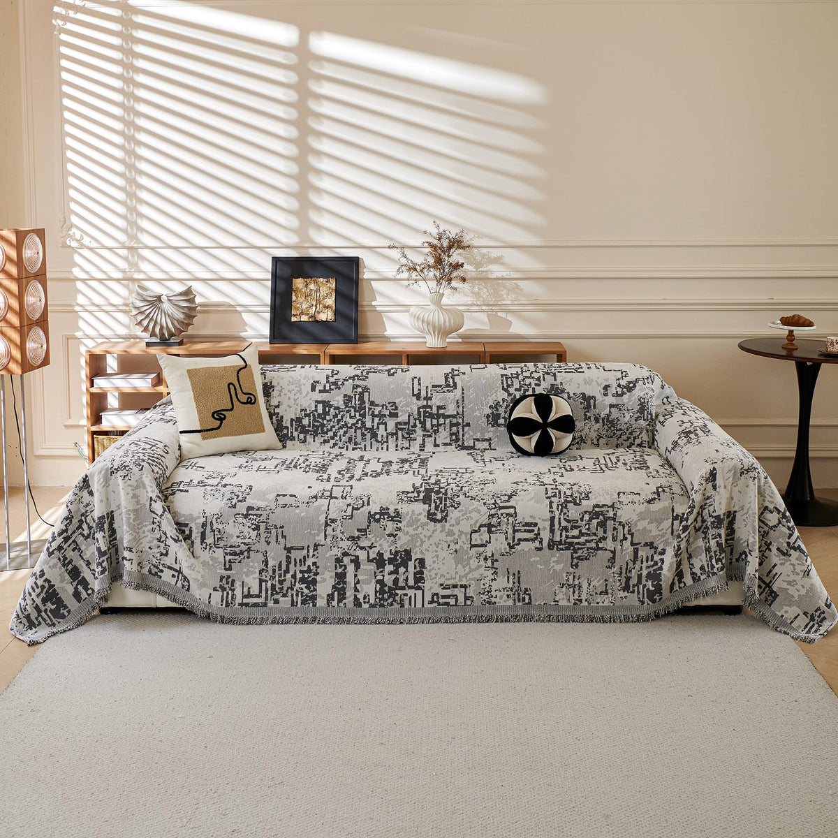 MYSKY HOME Boho Couch Cover Beige Sofa Covers with White Tassel Farmhouse Sofa Slipcover Simple Couch Protector for Dogs Chenille Sectional Couch Covers L Shaped Couch Cushion Covers, 91"x 134"