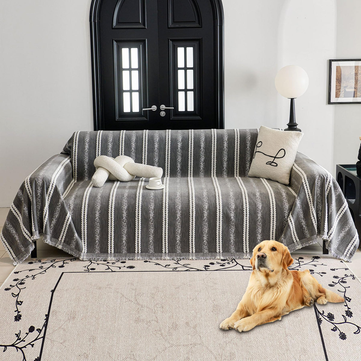 HAOMAIJIA Non Slip couch cover sofa covers for 3 cushion couch Washable sectional couch covers for Dogs pet Furniture Protector Couch Cover Blanket for Living Room (Off white, 91"x150")