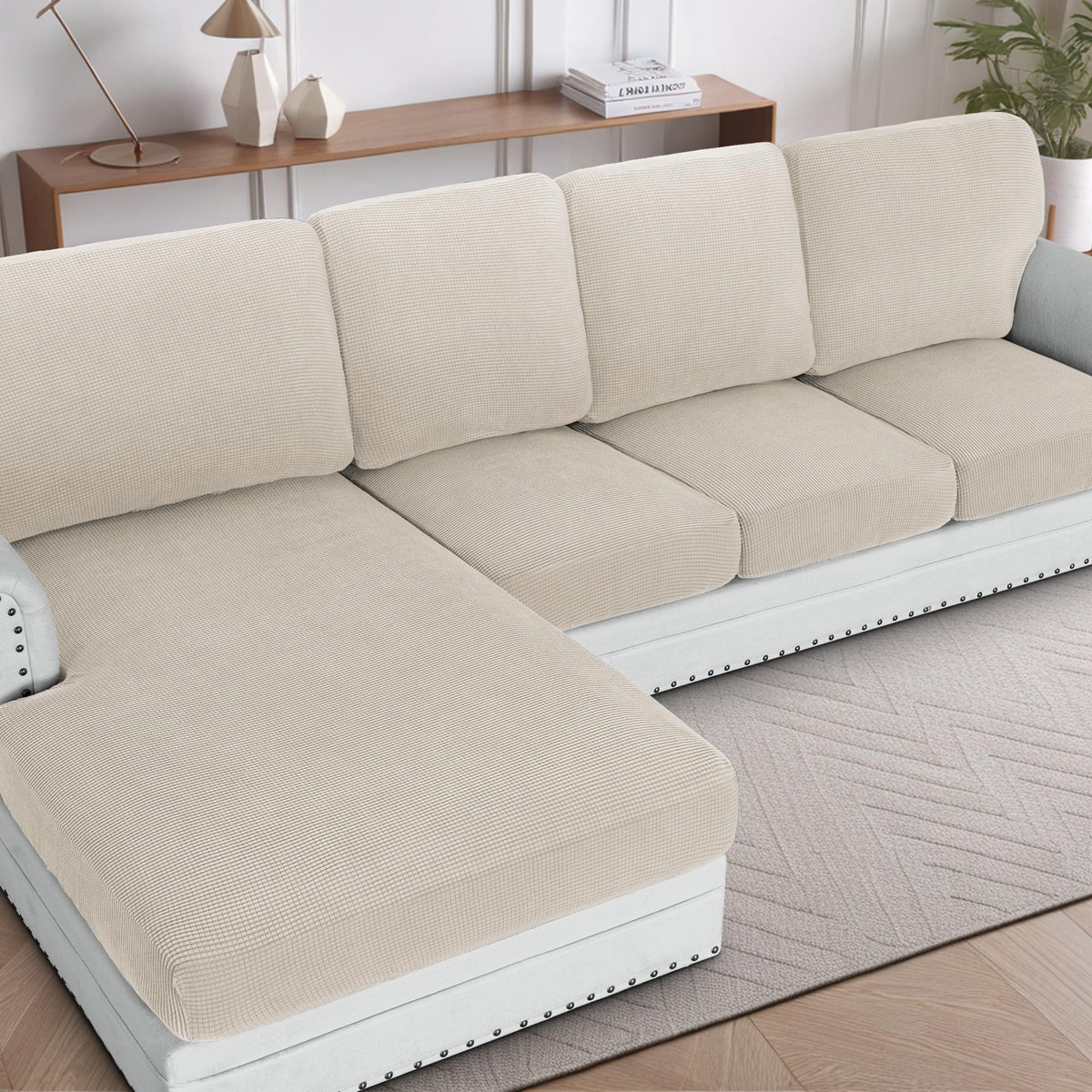 H.VERSAILTEX Sectional Couch Covers 8 Pieces Stretch Sofa Covers for Sectional Sofa Set Separate L Shaped Couch Cover for Both Left/Right Couch (Seat and Back: 1 Chaise + 3 Sofa, Ivory)