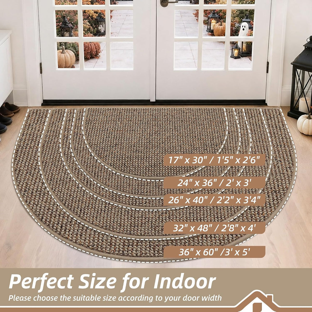 BEQHAUSE Dirt Trapper Door Mat 17" x 30" Half Circle Non Slip Rugs, Taupe