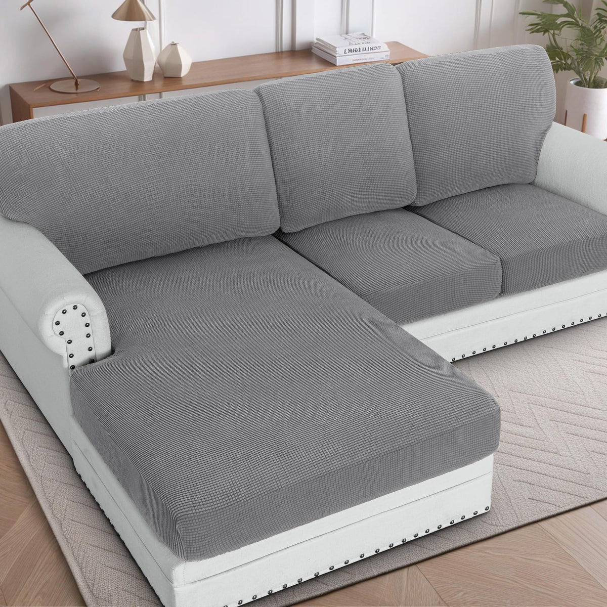 H.VERSAILTEX Sectional Couch Covers 8 Pieces Stretch Sofa Covers for Sectional Sofa Set Separate L Shaped Couch Cover for Both Left/Right Couch (Seat and Back: 1 Chaise + 3 Sofa, Ivory)