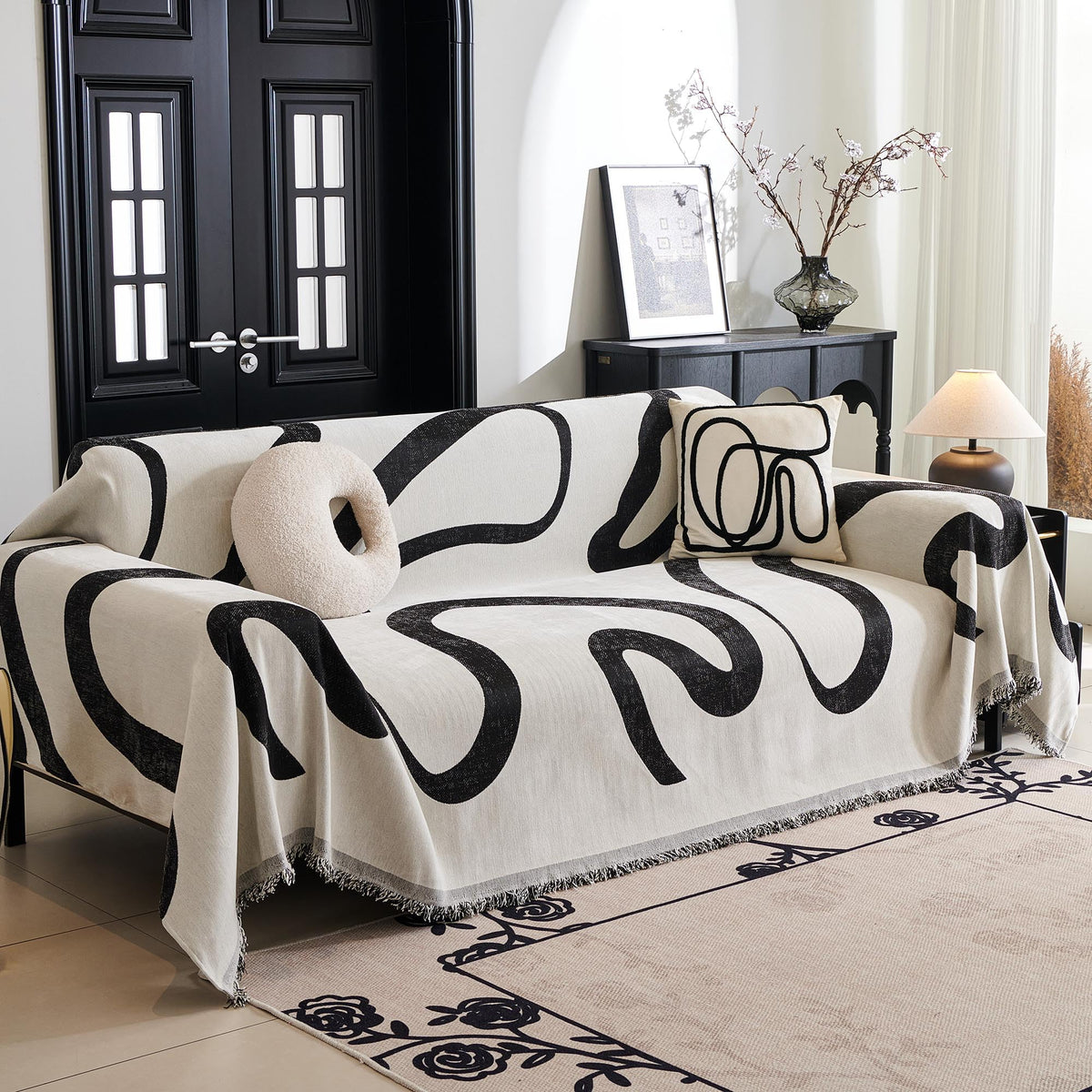 MYSKY HOME Boho Couch Cover Beige Sofa Covers with White Tassel Farmhouse Sofa Slipcover Simple Couch Protector for Dogs Chenille Sectional Couch Covers L Shaped Couch Cushion Covers, 91"x 134"