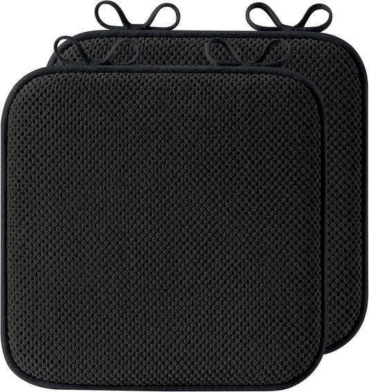 puredown® Chair Cushions for Dining Chairs, Set of 2 Memory Foam Seat Cushions with Non-Slip Backing & Ties, 16" x 16" x 1.5", Comfortable & Supportive Dining Chair Pads for Kitchen, Black