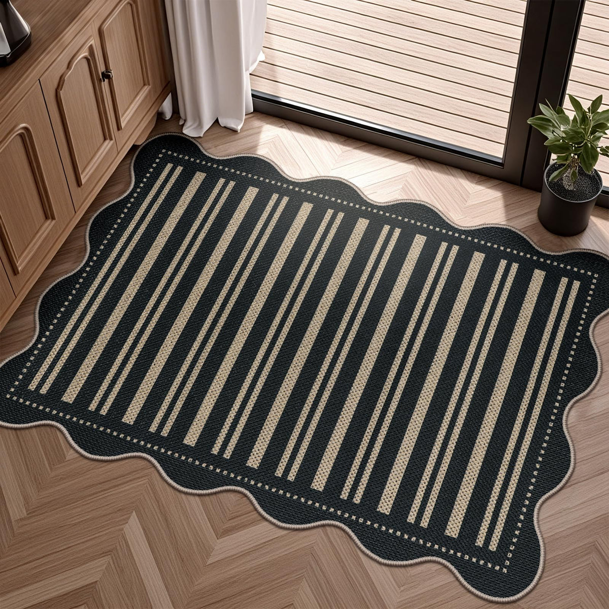 Easy Jute Black Entryway Rug, 2x3 Front Door Mat Washable Non Slip Small Kitchen Rug, Indoor Outdoor Farmhouse Scalloped Doormat for Porch Bathroom Doorway