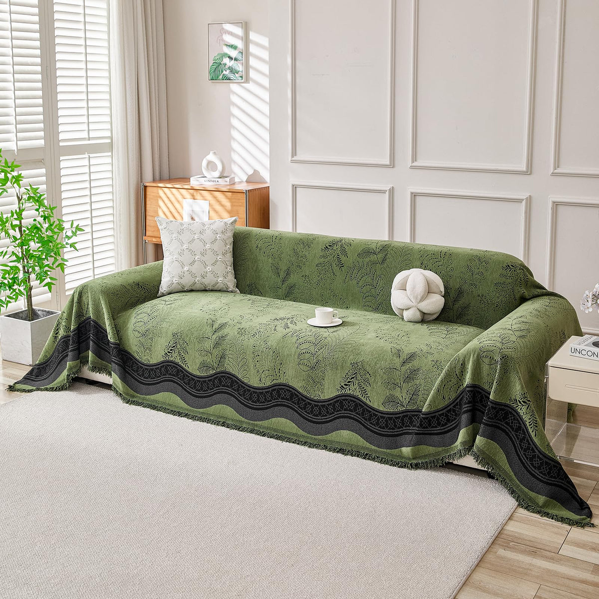 DREAMINGO Green Floral Couch Cover Farmhouse Botanical Jacquard Sofa Covers for 3 Cushion Couch Cozy Chenille Living Room Furniture Futon Sectional Sofa Slipcovers Washable, X-Large 71"x134"