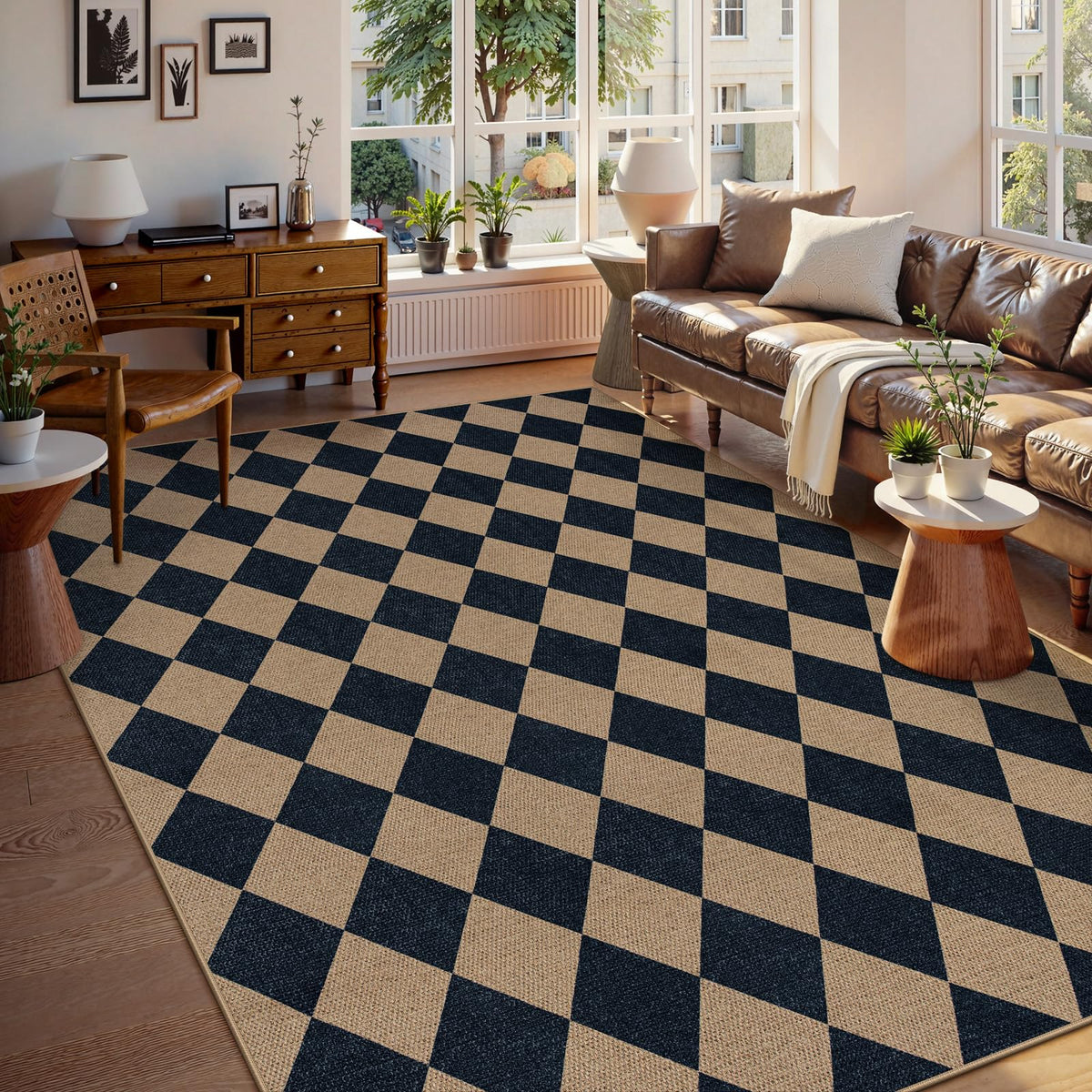 Lahome Checkered Easy Jute 3x5 Entryway Front Porch Rug, Black Diamond Indoor Outdoor Patio Layering Rug, Washable Farmhouse Neutral Non Slip Non Shedding Door Carpet for Backyard Blacony