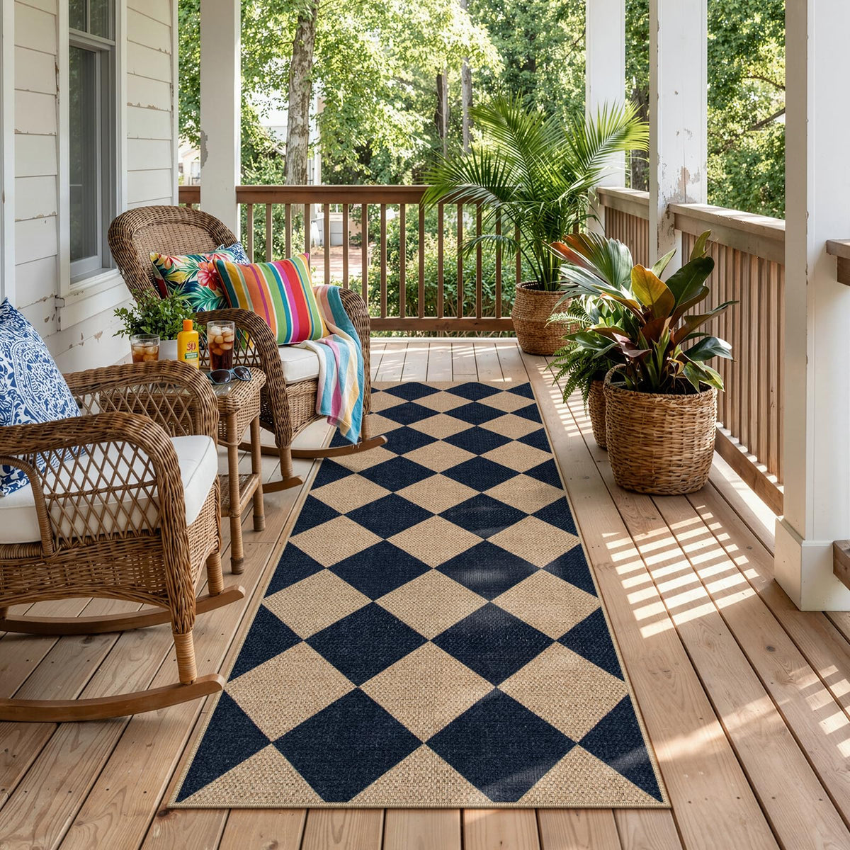 Lahome Checkered Easy Jute 3x5 Entryway Front Porch Rug, Black Diamond Indoor Outdoor Patio Layering Rug, Washable Farmhouse Neutral Non Slip Non Shedding Door Carpet for Backyard Blacony