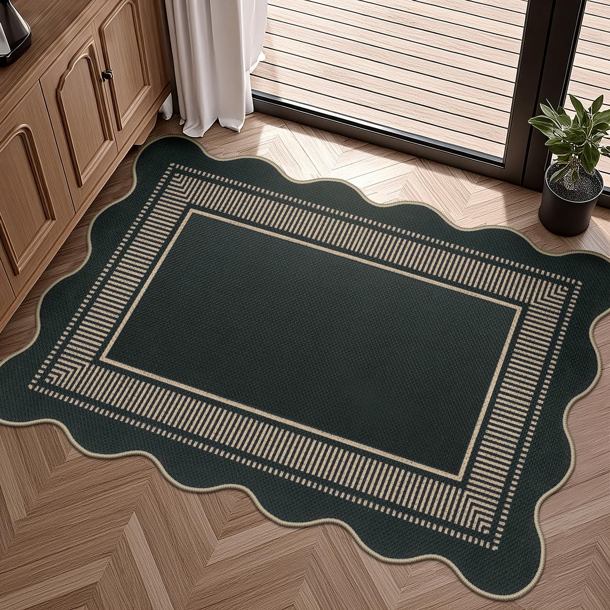 Easy Jute Black Entryway Rug, 2x3 Front Door Mat Washable Non Slip Small Kitchen Rug, Indoor Outdoor Farmhouse Scalloped Doormat for Porch Bathroom Doorway